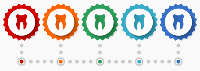 Poster - Tooth vector icon set, colorful infographic template, set of flat design badge icons in 5 color options