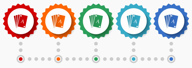 Poster - Playing cards vector icon set, colorful infographic template, set of flat design badge icons in 5 color options