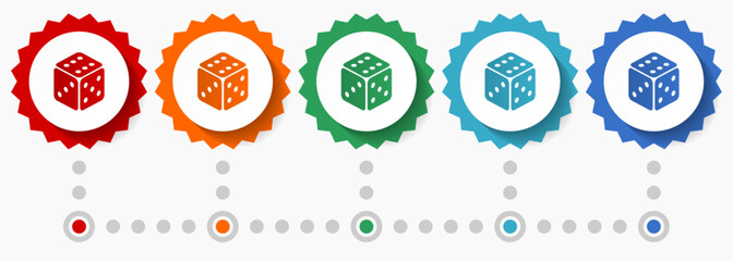 Leinwandbilder - Dice, casino vector icon set, colorful infographic template, set of flat design badge icons in 5 color options