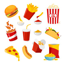  Junk Food Set. Fastfood: Burger, Hot-dog, Pizza, Chips, French Fries, Popcorn, Chicken Leg, Tacos Etc. Unhealthy Eating. Vector Illustration In Trendy Flat Style Isolated On White Background.