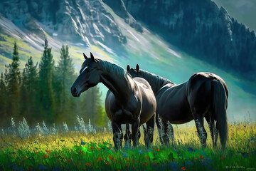 Horse grazing on a green summer meadow. Horse graze on field. Horse farm. Generative AI.