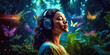 a young woman listens to music with headphones, surrounded by fabulous nature, tropics, colorful butterflies and fireflies, a mysterious atmosphere, relaxation and self-knowledge, AI generated art