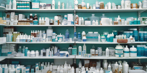 a shelf of medical products in a pharmacy