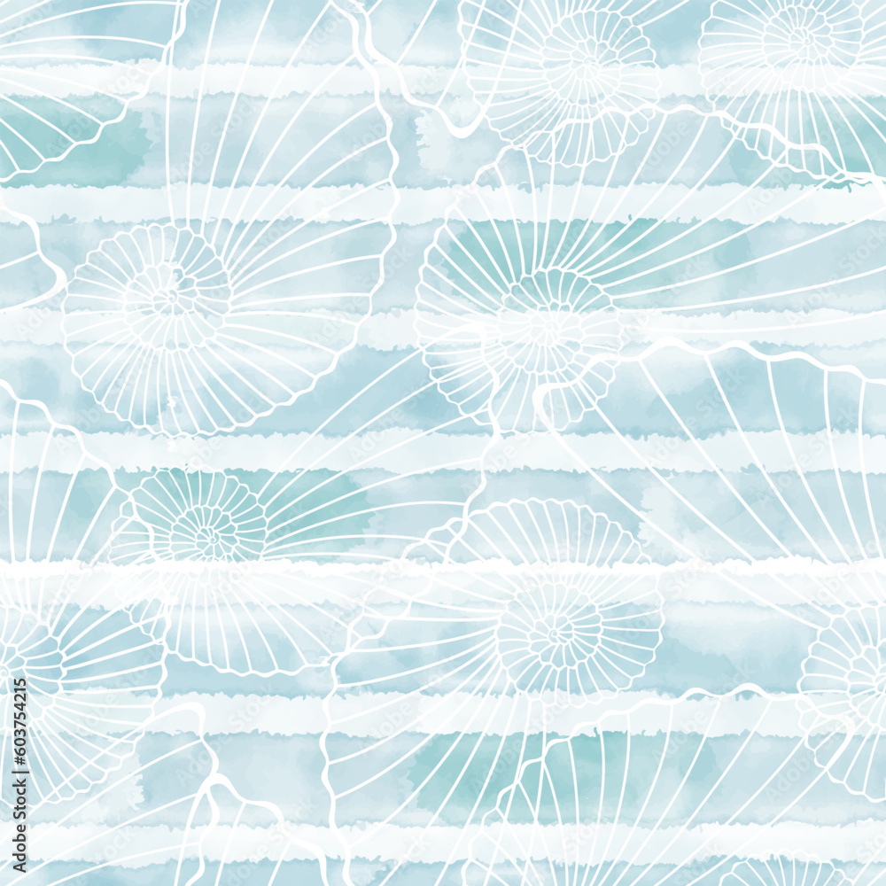 Seamless vector pattern with seashells on blue watercolor background ...
