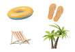 Summer elements 3d icon set clipart isolated on white background, Minimal Realistic objects for mock-up with summer theme, beach umbrella, sand, inflatable ring, vacation time to travel.