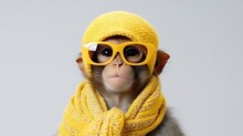  A Monkey Wearing Yellow Glasses And A Yellow Knitted Scarf And A Yellow Knitted Hat With A Yellow Scarf Around It's Neck.  Generative Ai