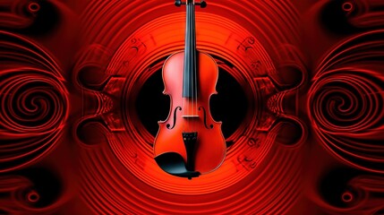 Wall Mural -  a red violin with a black bow in the middle of a red background with swirls and swirls in the middle of the violin.  generative ai