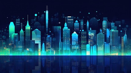 Wall Mural -  a cityscape with a lot of tall buildings in the night sky and lights reflecting off the water in the foreground of the image.  generative ai