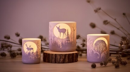 Sticker -  a couple of candles sitting on top of a wooden table next to a vase with a deer on it and a pine tree in the background.  generative ai