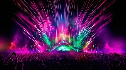 Wall Mural -  a large crowd of people watching a concert with bright colored lights and a stage in the middle of the stage is lit up with colored lights.  generative ai