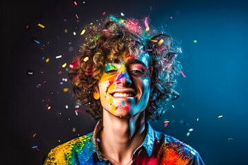 Wall Mural - Studio shot of young man with long hair, rainbow lgtb t-shirt, with streamers and holi powder floating around him, on dark background. Party concept, rainbow celebration, lgtbi, gay.AI generated image