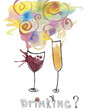 Watercolor illustration with two glasses with drinks, wine and champagne. Png, art concept for invitation card. 