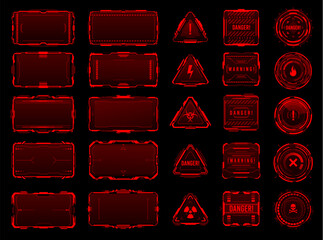 Leinwandbilder - HUD red danger and warning interface frames. Sci-Fi user interface display or message vector frame. Future dashboard panel, electricity strike alert, contamination hazard, dangerous area warning sign