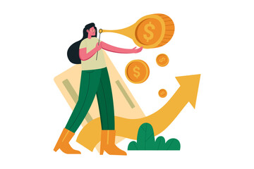 woman blowing dollar coin bubble and growth chart vector illustration design concept