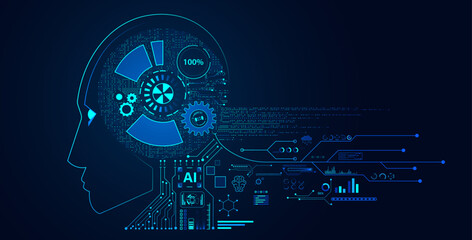 Wall Mural - machine learning concept ai digital input form hud interface robot face and particle on blue backgro