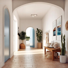 Coastal Interior Design Of Modern Entrance Hall With Blue Door. Created With Generative AI