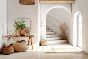 Interior design of mediterranean style entrance hall with door and staircase. Created with generative AI