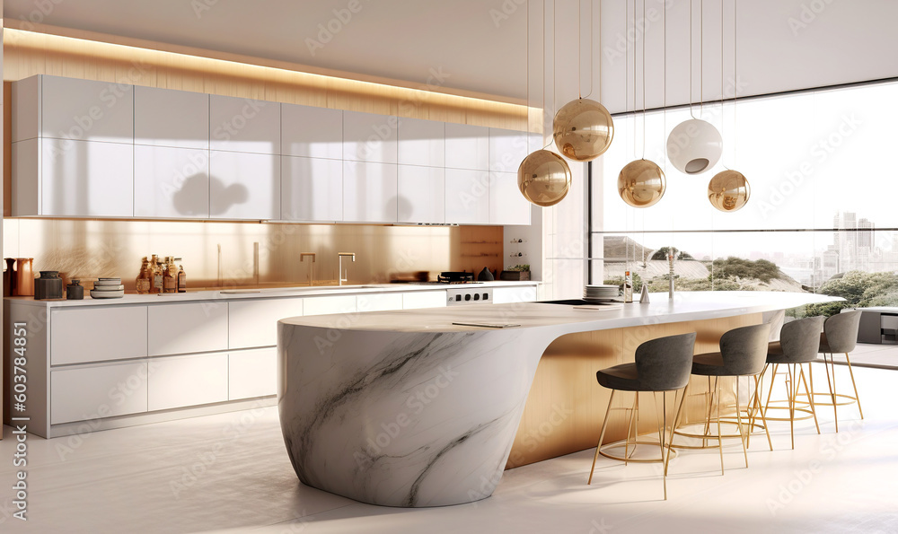 Modern minimalist interior design of kitchen with marble island, and ...