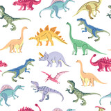 Fototapeta Dinusie - Seamless pattern with bright dinosaurs including T-rex, Brontosaurus, Triceratops, Velociraptor, Pteranodon, Allosaurus, etc. Isolated on white Trend illustration for kid
