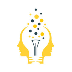 A yellow and black logo with two people in front of a light bulb with dots and the words'ideas 