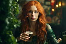 St. Patrick's Day, Redhead Girl With Beer. Generative AI