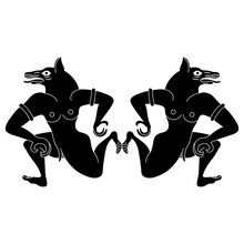 Symmetrical Animal Design With Two Fantastic Wolf Men. Ancient Etruscan Vase Painting Motif. Black And White Silhouette.