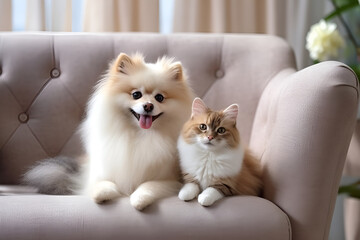 White puppy pomeranian dog with a cat on a sofa. Generative AI.