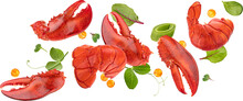 Falling Lobster Claws And Tails With Salad Leaves Isolated On White Background With Clipping Path