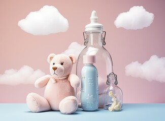 Flat lay with baby sleep accessories with milk bottles, pacifier, pajamas. Newborn sleeping rules concept created with Generative AI technology