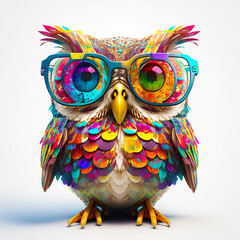 Wall Mural - cartoon colorful owl with sunglasses on isolated background. created with generative ai