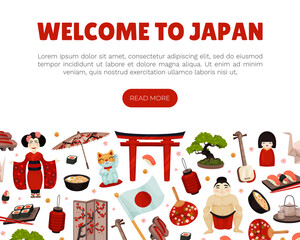 Wall Mural - Japan Travel Banner Design with Traditional Symbols Vector Template