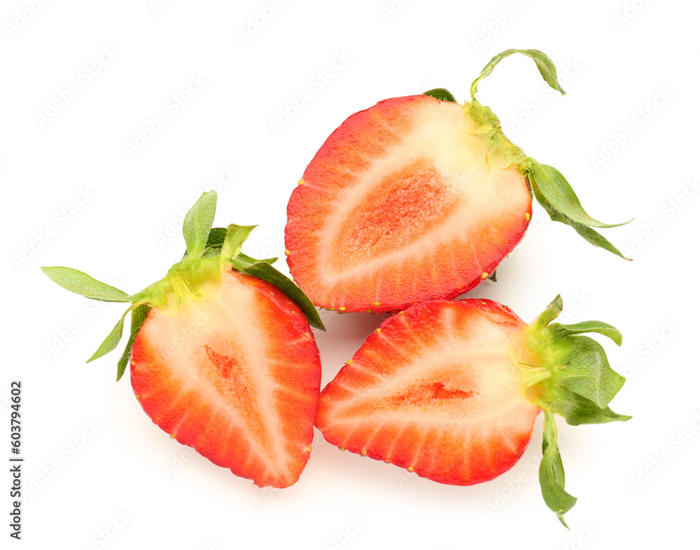 Slices of fresh strawberries on white background
