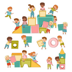 Wall Mural - Big Toy Blocks and Playful Children Carrying Them Around Building Tower and Having Fun Big Vector Set