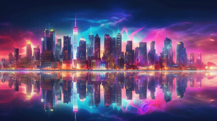 Poster - Skyline with neon colored city at night. Cityscape with reflection in river. Futuristic cyberpank banner with colorful skyscrapers. Created with Generative AI