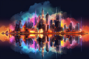 Poster - Skyline with neon colored city at night. Cityscape with reflection in river. Futuristic cyberpank banner with colorful skyscrapers. Created with Generative AI