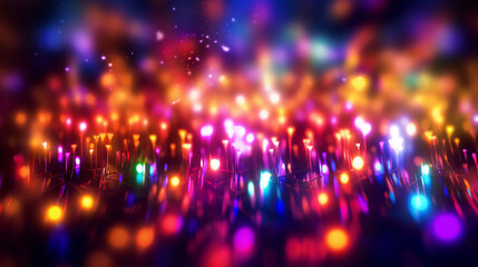 Wall Mural - An abstract colourful neon bokeh lights background with light glints. A.I. generated.