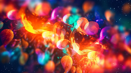 Wall Mural - An abstract colourful neon bokeh lights background with light glints. A.I. generated.