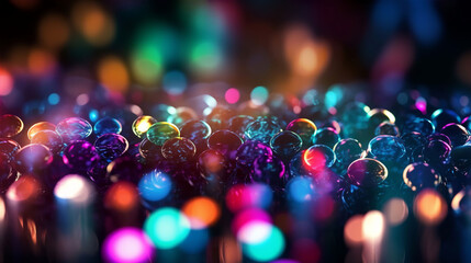 Wall Mural - An abstract colourful neon bokeh lights background with light glints. A.I. generated.