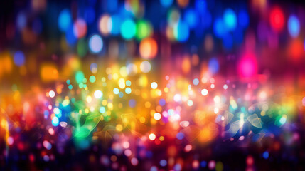Wall Mural - An abstract colourful neon bokeh lights background with light glints. A.I. generated.