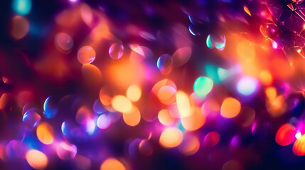 Wall Mural - An abstract colourful neon bokeh lights background with light glints. A.I. generated.