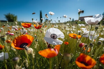 Wall Mural -  wild flower blooming field of cornflowers and daisies flowers ,poppy flowers, blue sunny sky ,butterfly and bee on flowers summer landscap,generated ai