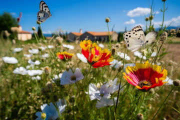 Wall Mural -  wild flower blooming field of cornflowers and daisies flowers ,poppy flowers, blue sunny sky ,butterfly and bee on flowers summer landscap,generated ai