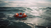 Safety Equipment, Lifebuoy Floating On The Sea To Save People From Drowning. Generative AI.