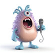 Funny Little Singing 3D Monster with a Microphone on White Background - Generative AI