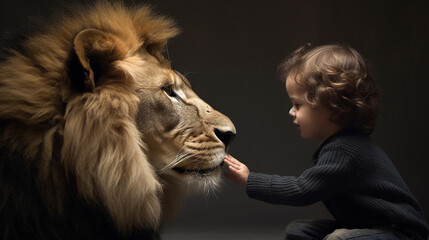 profile of a fearless young female child gently touching the face of a very large lion - generative 