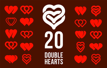 Double two hearts vector icons or logos set, wedding and couple concept romantic theme, care and togetherness, two linked hearts connected.