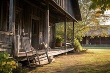  A Rocking Chair Sitting On A Porch Of A Wooden House With A Porch And A Tree In Front Of The House And A Barn In The Background.  Generative Ai