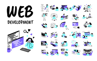 Sticker - Cartoon Color Web Development Concept Set Flat Design Style. Vector illustration of Scenes with Women and Men Taking part in Coding, Programming