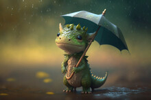A Small, Cute Green Dragon Is Walking In The Rain Through The Puddles With An Umbrella. Autumn Season. AI Generative