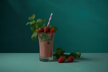 refreshing strawberry and mint smoothie in a clear glass. Generative AI